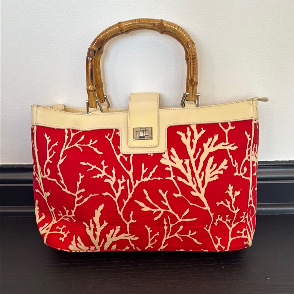 Rafe Elegant Red and Cream Tote with Bamboo Handles